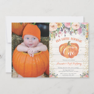 Pumpkin First Birthday Invitation Floral Gold Kaart