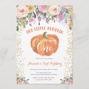 Pumpkin First Birthday Invitation Floral Gold Kaart
