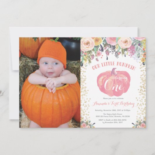 Pumpkin First Birthday Invitation Floral Gold Kaart (Voorkant)