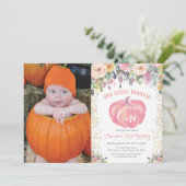 Pumpkin First Birthday Invitation Floral Gold Kaart (Staand voorkant)