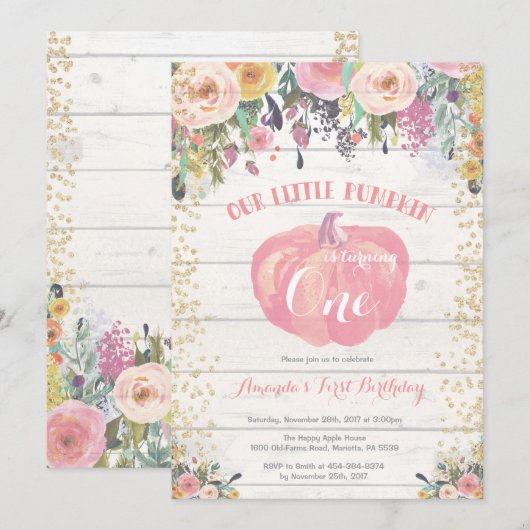 Pumpkin First Birthday Invitation Floral Gold Kaart (Voorkant / Achterkant)
