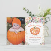 Pumpkin First Birthday Invitation Floral Gold Kaart (Staand voorkant)