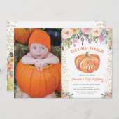 Pumpkin First Birthday Invitation Floral Gold Kaart (Voorkant / Achterkant)