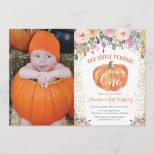 Pumpkin First Birthday Invitation Floral Gold Kaart