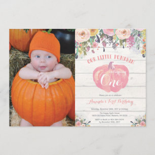 Pumpkin First Birthday Invitation Floral Rustic Kaart