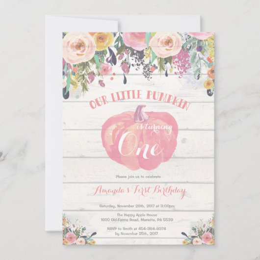 Pumpkin First Birthday Invitation Floral Rustic Kaart (Voorkant)