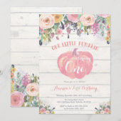 Pumpkin First Birthday Invitation Floral Rustic Kaart (Voorkant / Achterkant)