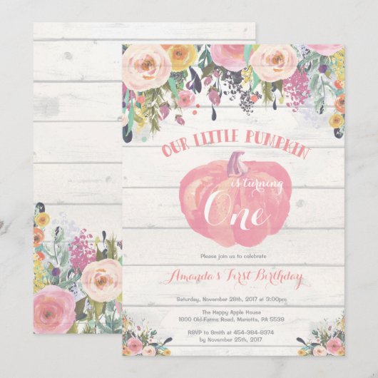 Pumpkin First Birthday Invitation Floral Rustic Kaart (Voorkant / Achterkant)