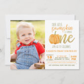 Pumpkin First Birthday Invitation for Boy w/Photo Kaart (Voorkant)