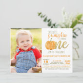 Pumpkin First Birthday Invitation for Boy w/Photo Kaart (Staand voorkant)