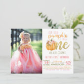 Pumpkin First Birthday Invitation for Girl met fot Kaart (Staand voorkant)