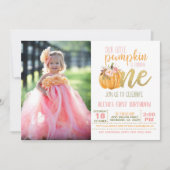 Pumpkin First Birthday Invitation for Girl met fot Kaart (Voorkant)