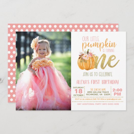 Pumpkin First Birthday Invitation for Girl met fot Kaart (Voorkant / Achterkant)