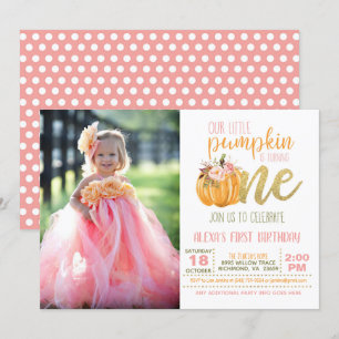 Pumpkin First Birthday Invitation for Girl met fot Kaart