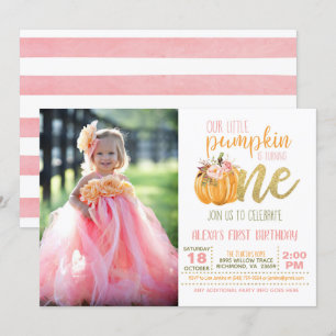 Pumpkin First Birthday Invitation for Girl met fot Kaart