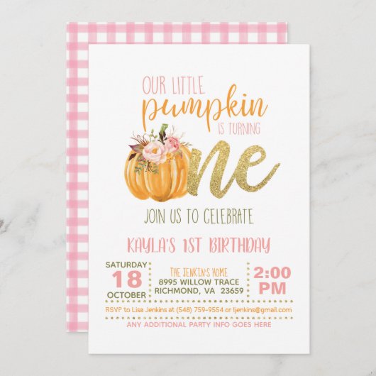 Pumpkin First Birthday Invitation - Girl #3 Kaart (Voorkant / Achterkant)