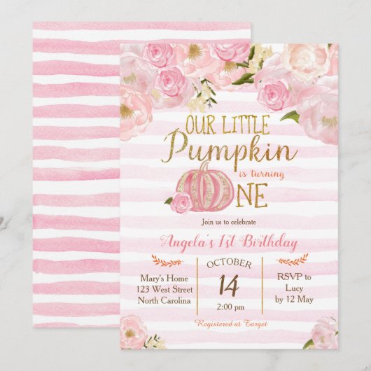Pumpkin First Birthday Invitation Girl Kaart (Voorkant / Achterkant)