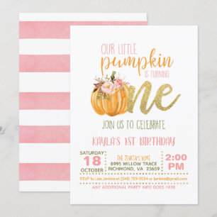 Pumpkin First Birthday Invitation - Girl Kaart
