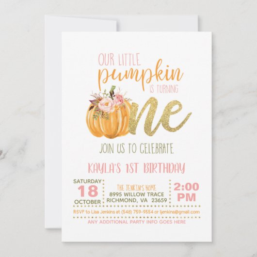 Pumpkin First Birthday Invitation - Girl Kaart (Voorkant)