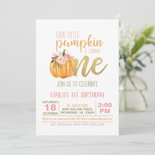 Pumpkin First Birthday Invitation - Girl Kaart (Staand voorkant)