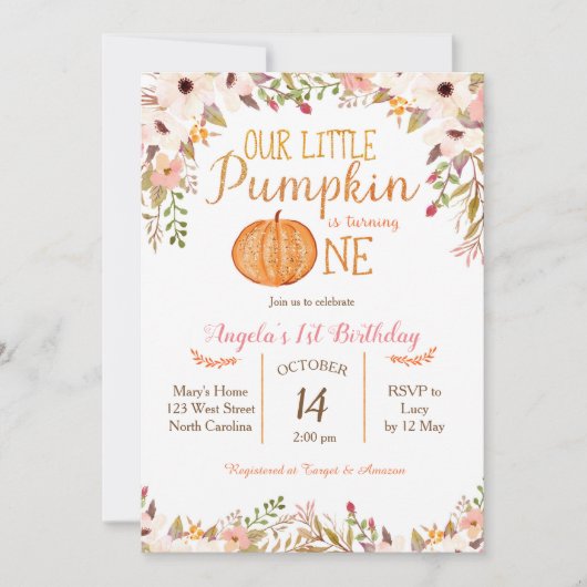 Pumpkin First Birthday Invitation Gold Glitter Kaart (Voorkant)