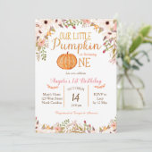 Pumpkin First Birthday Invitation Gold Glitter Kaart (Staand voorkant)