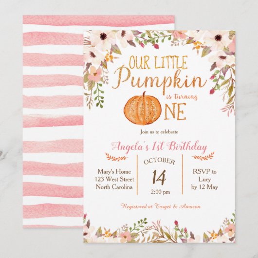 Pumpkin First Birthday Invitation Gold Glitter Kaart (Voorkant / Achterkant)