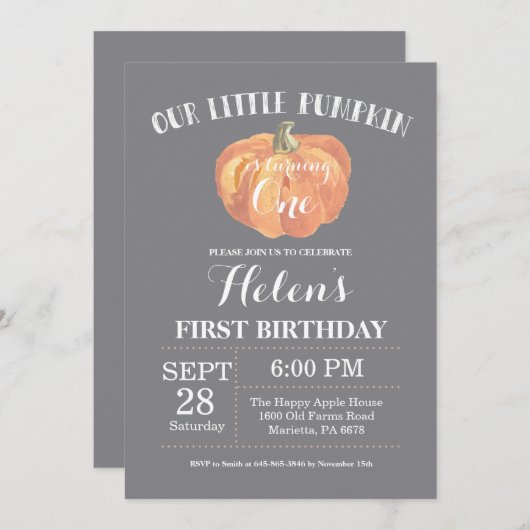 Pumpkin First Birthday Invitation Grey Kaart (Voorkant / Achterkant)