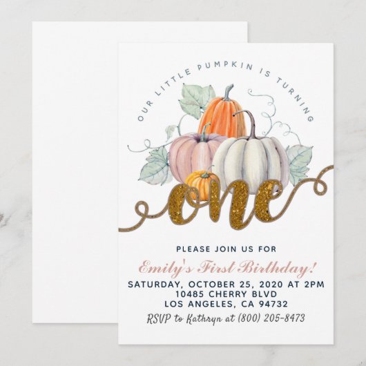 Pumpkin First Birthday Invitation Kaart (Voorkant / Achterkant)
