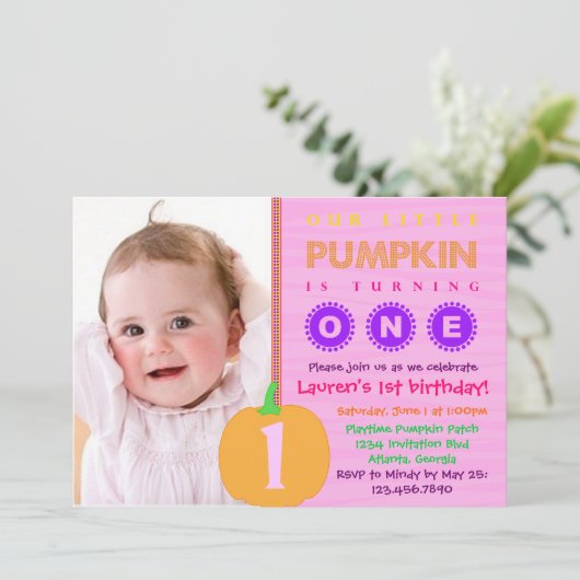 Pumpkin First Birthday Invitation Kaart (Staand voorkant)
