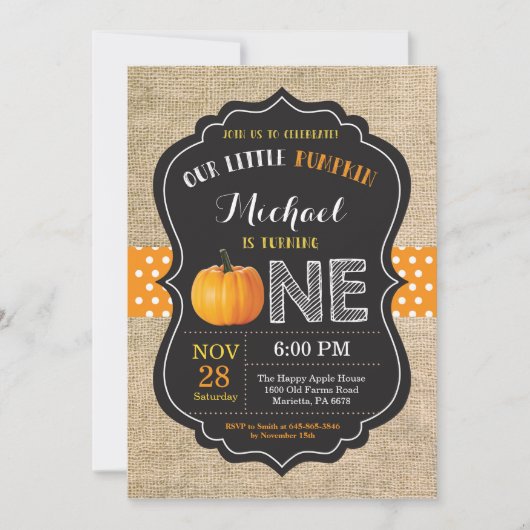Pumpkin First Birthday Invitation Oranje Burlap Kaart (Voorkant)