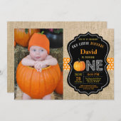 Pumpkin First Birthday Invitation Oranje Burlap Kaart (Voorkant / Achterkant)