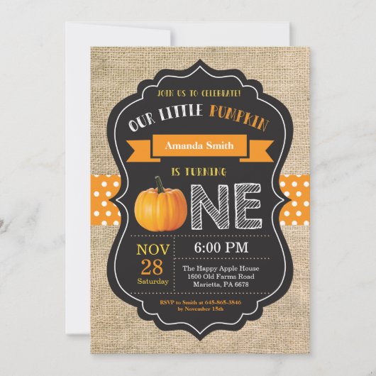 Pumpkin First Birthday Invitation Oranje Burlap Kaart (Voorkant)