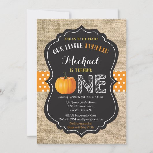 Pumpkin First Birthday Invitation Oranje Burlap Kaart (Voorkant)