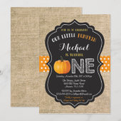 Pumpkin First Birthday Invitation Oranje Burlap Kaart (Voorkant / Achterkant)