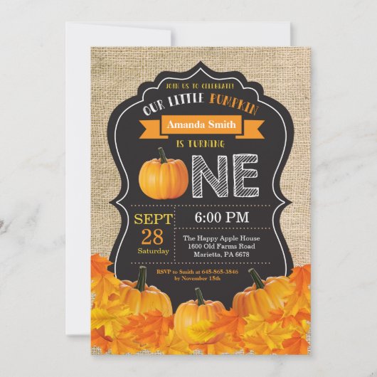 Pumpkin First Birthday Invitation Oranje Burlap Kaart (Voorkant)