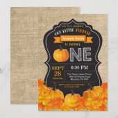Pumpkin First Birthday Invitation Oranje Burlap Kaart (Voorkant / Achterkant)