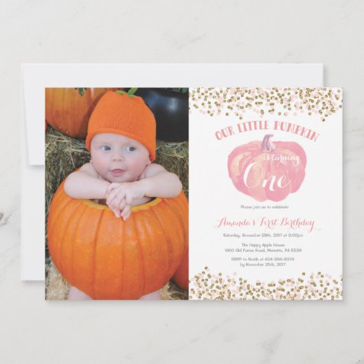 Pumpkin First Birthday Invitation Pink and Gold Kaart (Voorkant)