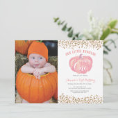 Pumpkin First Birthday Invitation Pink and Gold Kaart (Staand voorkant)
