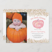 Pumpkin First Birthday Invitation Pink and Gold Kaart (Voorkant / Achterkant)