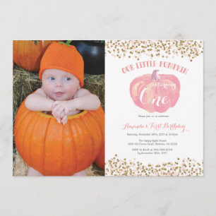 Pumpkin First Birthday Invitation Pink and Gold Kaart