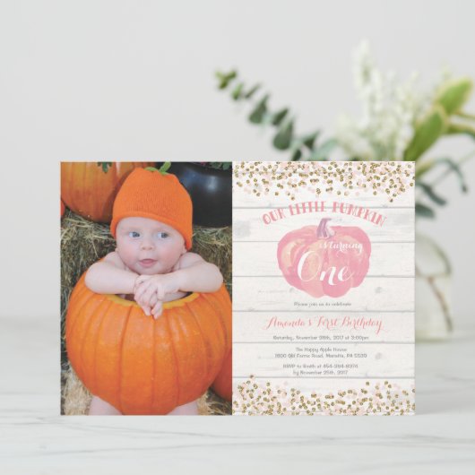 Pumpkin First Birthday Invitation Pink and Gold Kaart (Staand voorkant)