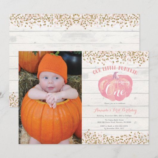 Pumpkin First Birthday Invitation Pink and Gold Kaart (Voorkant / Achterkant)