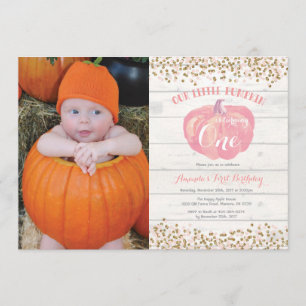 Pumpkin First Birthday Invitation Pink and Gold Kaart