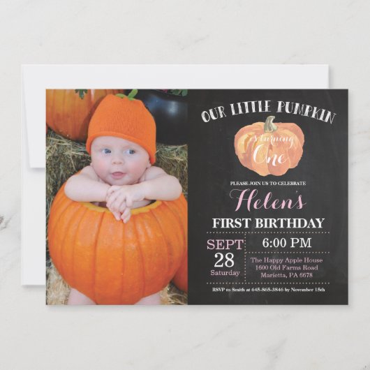 Pumpkin First Birthday Invitation Pink Chalkboard Kaart (Voorkant)