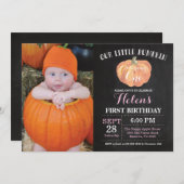 Pumpkin First Birthday Invitation Pink Chalkboard Kaart (Voorkant / Achterkant)