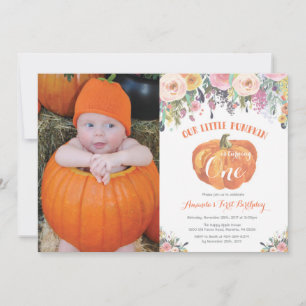 Pumpkin First Birthday Invitation Pink Floral Kaart