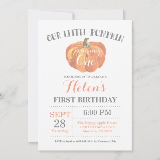 Pumpkin First Birthday Invitation Sinaasappel en G Kaart (Voorkant)
