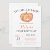 Pumpkin First Birthday Invitation Sinaasappel en G Kaart (Voorkant / Achterkant)