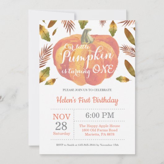 Pumpkin First Birthday Invitation Sinaasappel Kaart (Voorkant)
